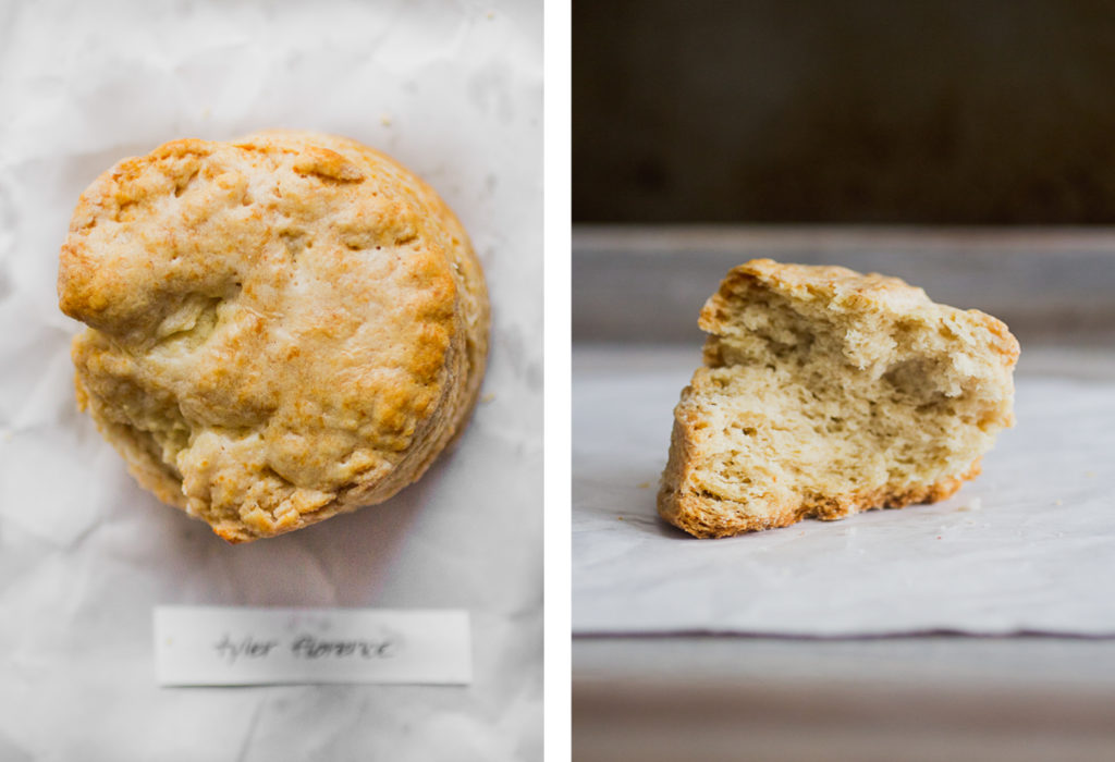 Overhead view and cross section of Tyler Florence\'s buttermilk biscuit.