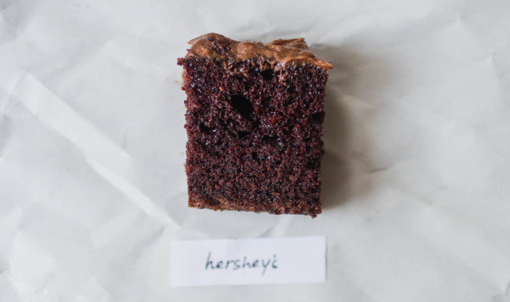 Hershey\'s chocolate cake with chocolate frosting.