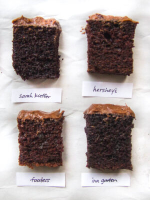 7 squares of different chocolate cake recipes with labels on a white background.