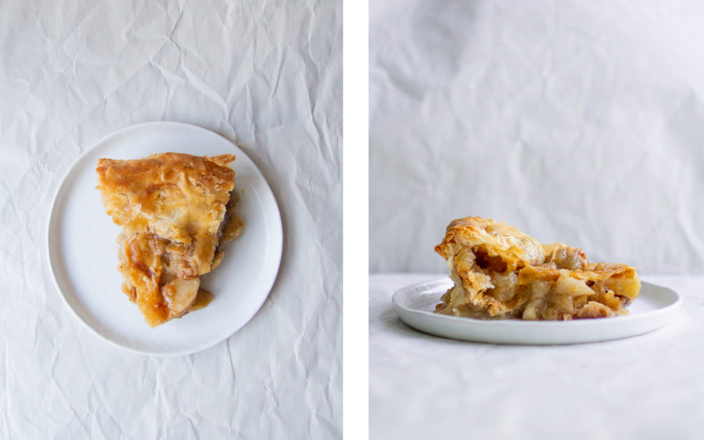 overhead view and side view of slices of bravetart stella parks apple pie.