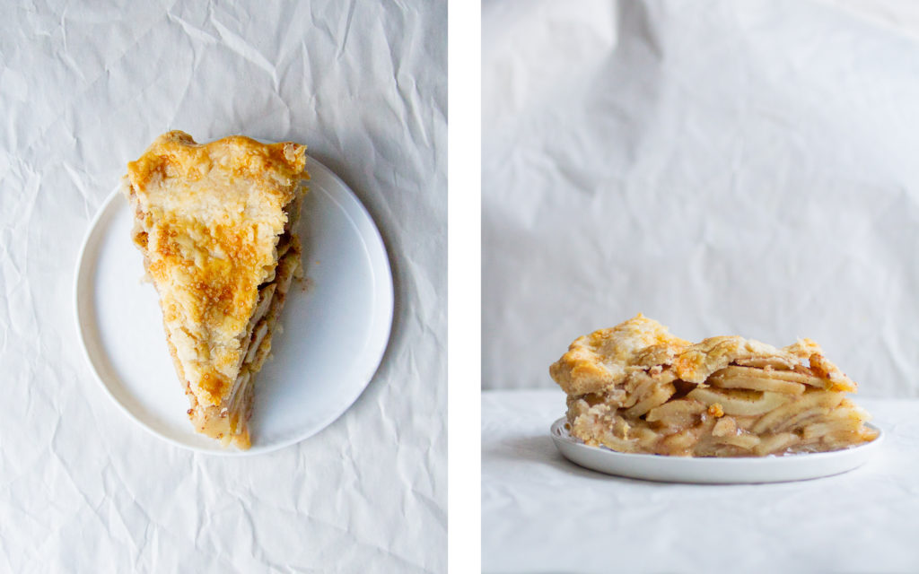 overhead view and side view of slices of sally\'s baking addiction apple pie recipe.