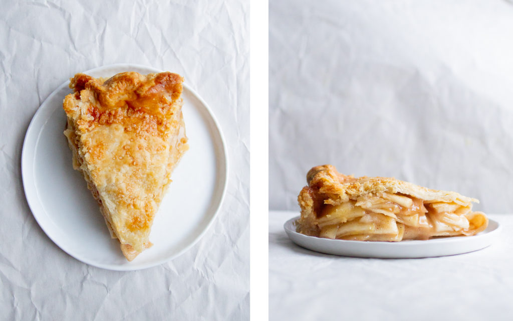 overhead view and side view of slices of cook\'s illustrated apple pie.