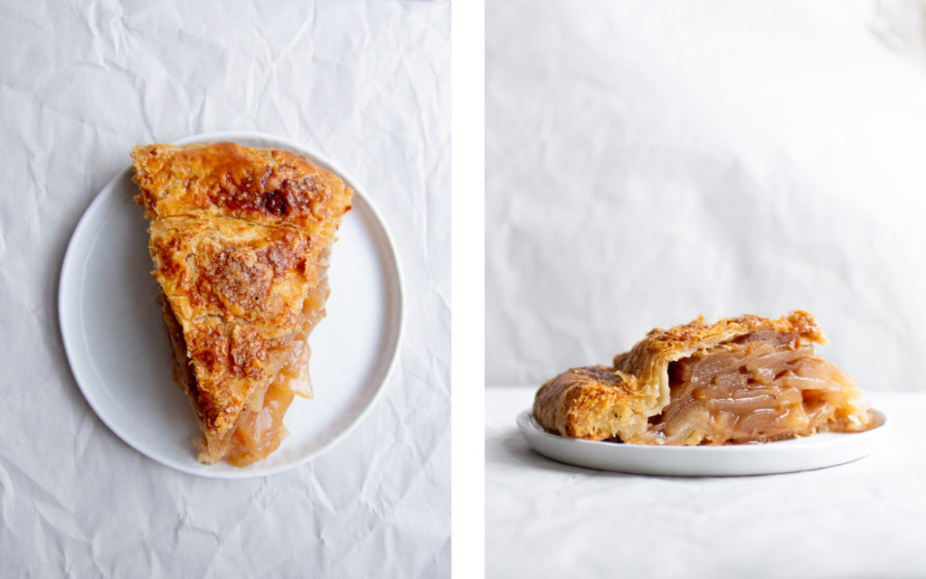 overhead view and side view of slices of artful baker apple pie.