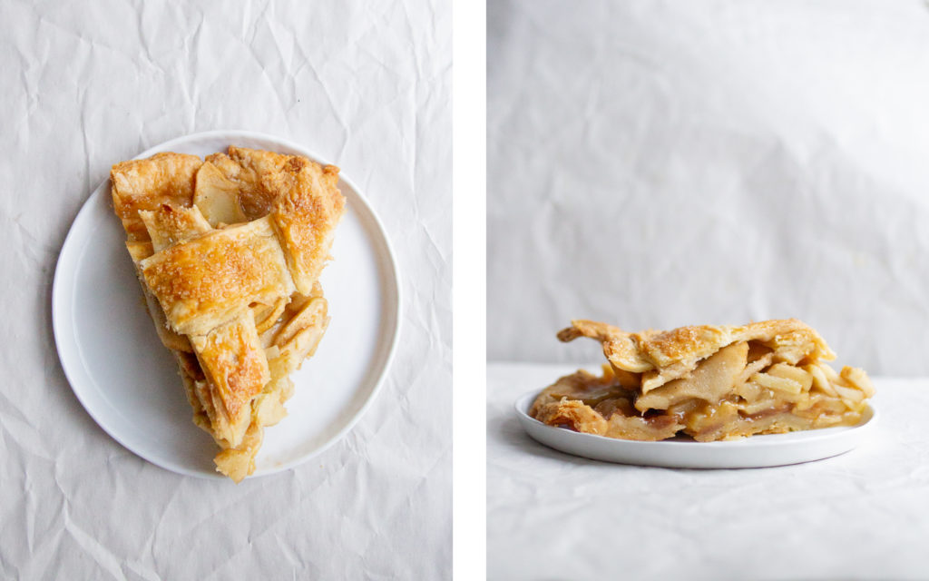 overhead view and side view of slices of Flour bakery apple pie.