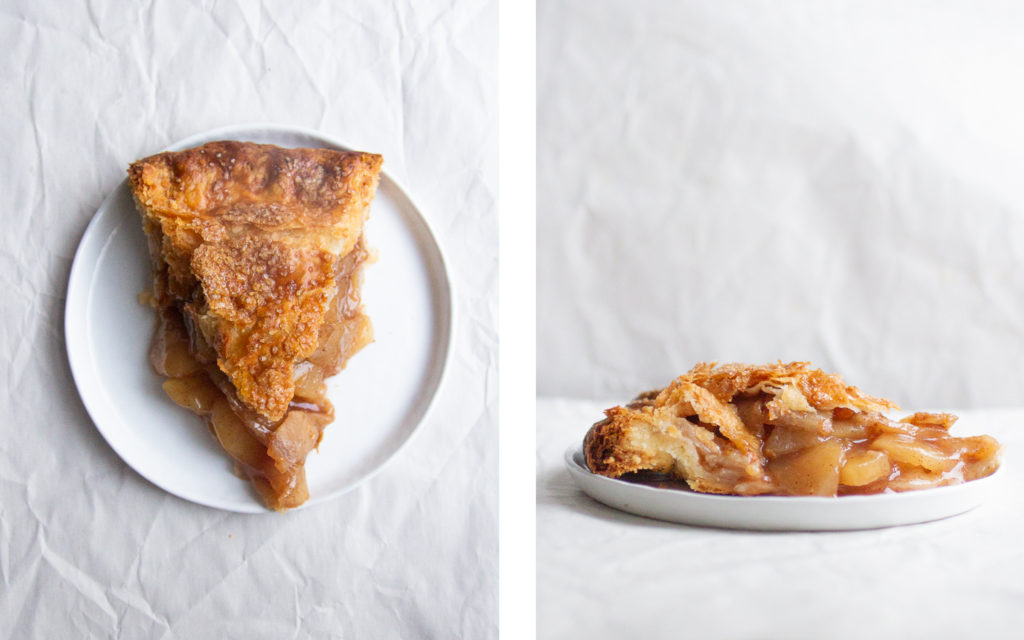 overhead view and side view of slices of Bon Appetit best apple pie.