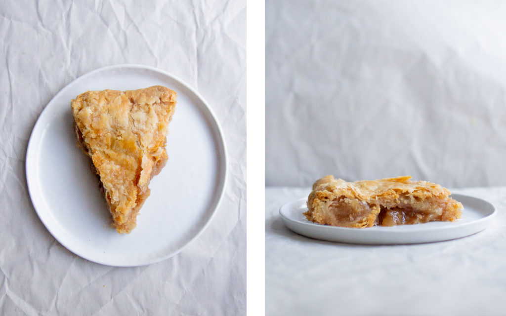 overhead view and side view of slices of Rose Levy Beranbaum apple pie.