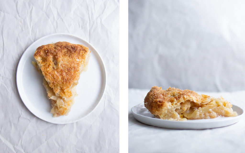 overhead view and side view of slices of vanilla bean baking blog sarah kieffer apple pie.