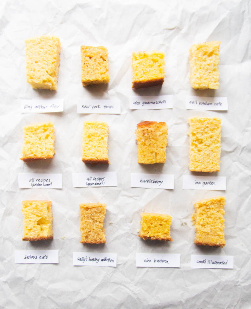 12 different cornbread slices on a white background.