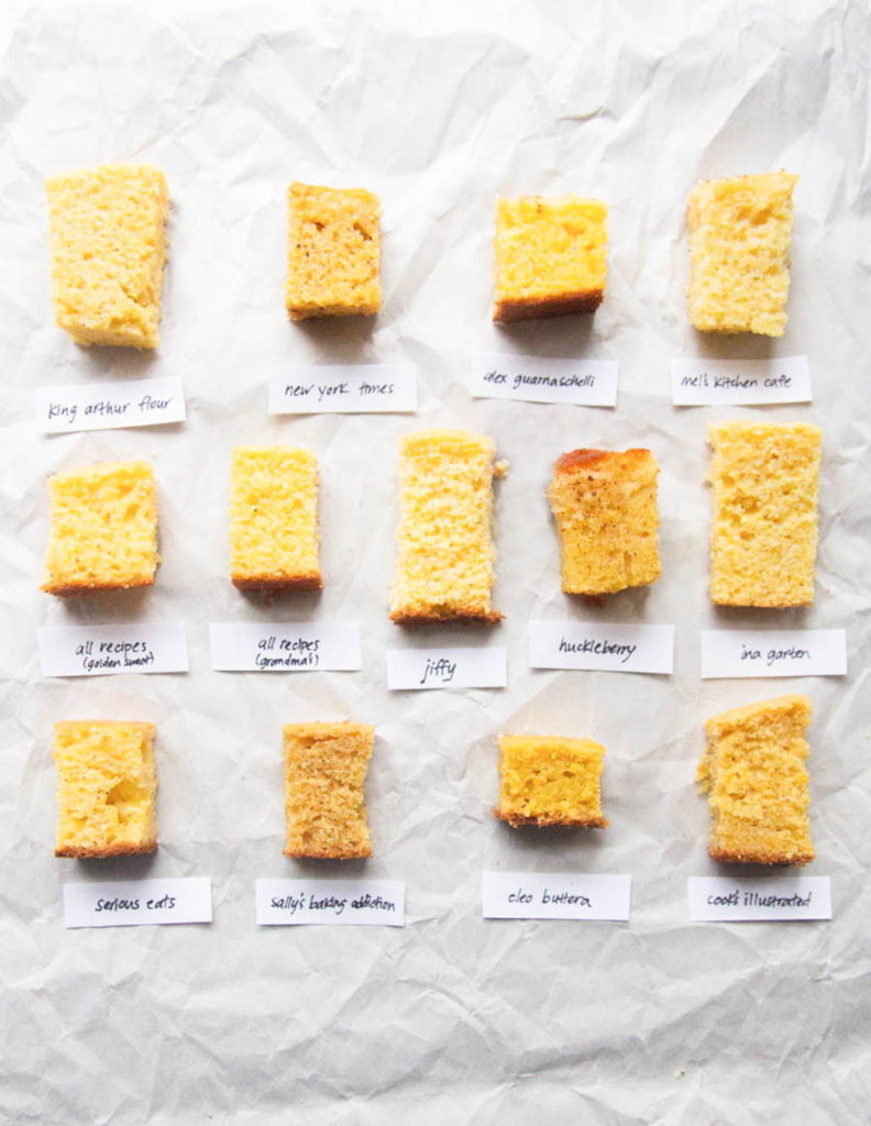 13 different cornbread slices on a white background.