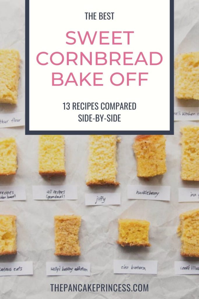Multiple slices of cornbread on a white background with a label that says \"Best Cornbread Bake Off.\"