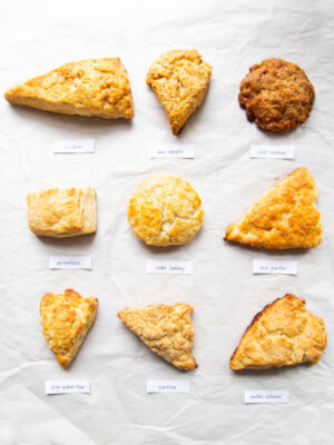 9 different scones on a gray background.