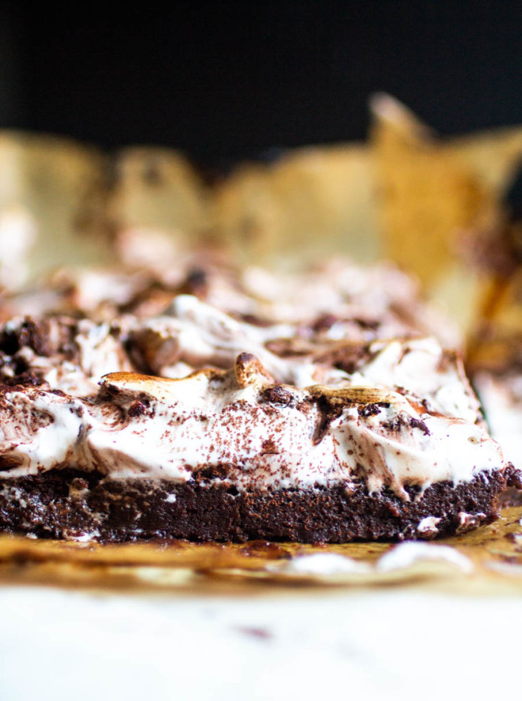 Side view of a chocolate cake topped with a toasted meringue.