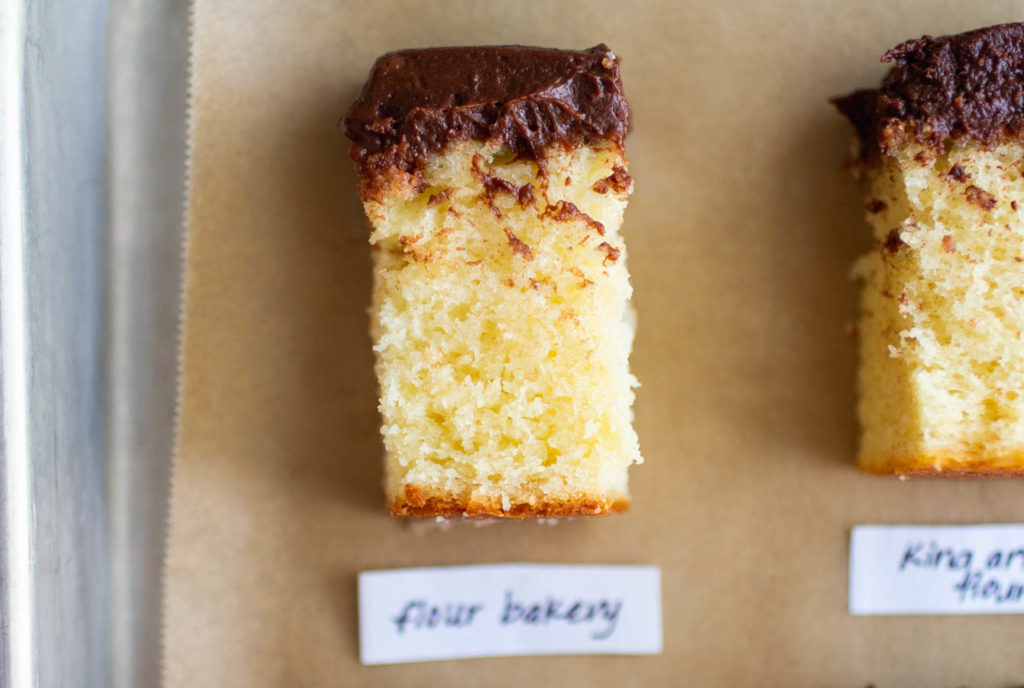 Flour Bakery classic yellow cake with chocolate frosting.