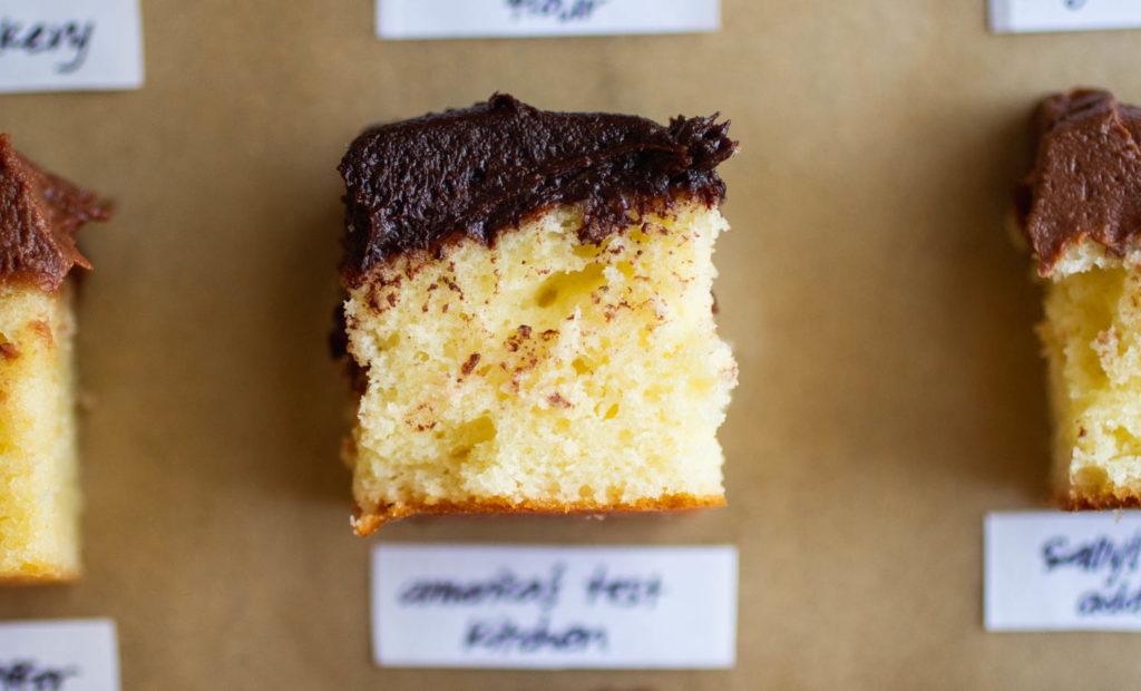 America\'s Test Kitchen classic yellow cake with chocolate frosting.