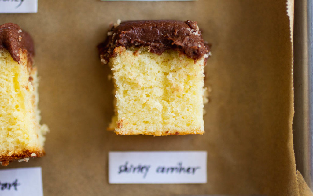 Shirley Corriher classic yellow cake with chocolate frosting.
