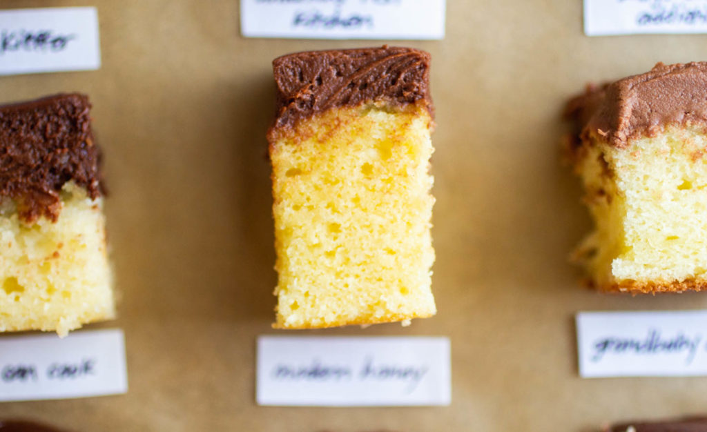 Modern Honey classic yellow cake with chocolate frosting.