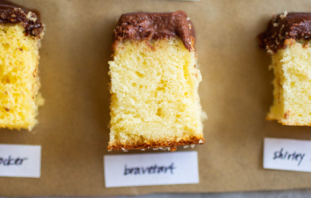 Bravetart classic yellow cake with chocolate frosting.