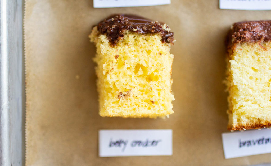 Betty Crocker classic yellow cake with chocolate frosting.