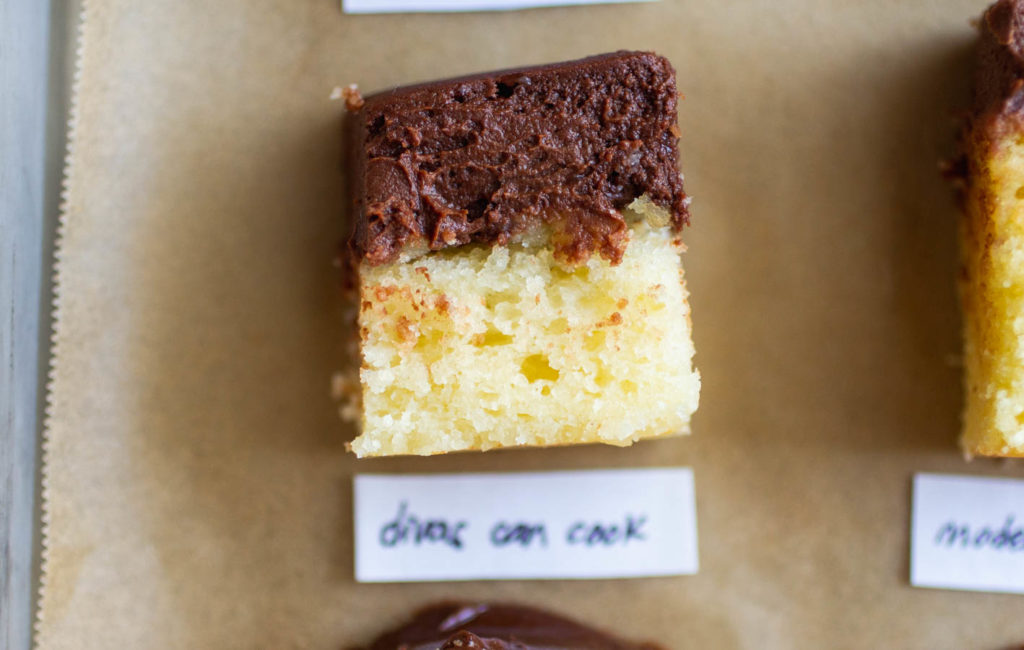 Divas Can Cook classic yellow cake with chocolate frosting.