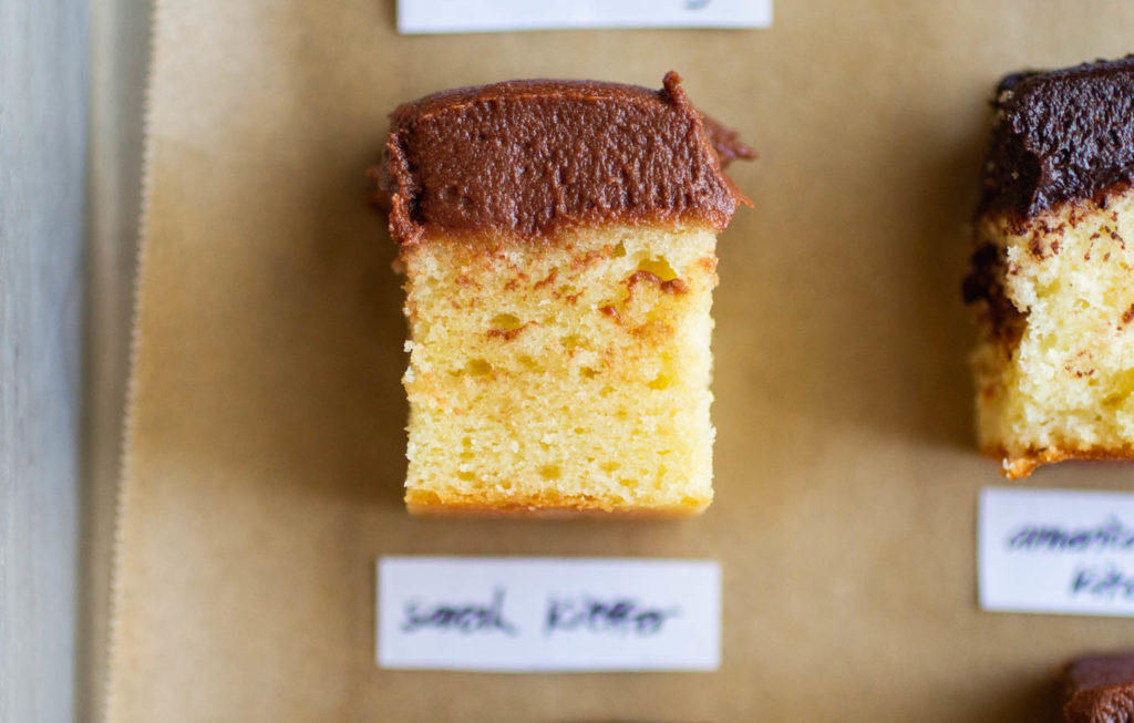 Sarah Kieffer classic yellow cake with chocolate frosting.