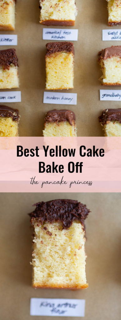 Different recipes of yellow cake with chocolate frosting on a brown background.