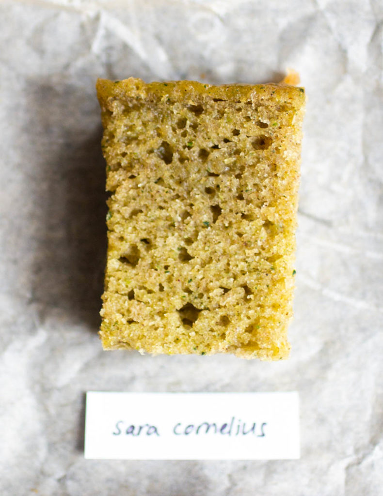 Overhead view of single slice of sara cornelius\' zucchini bread recipe.