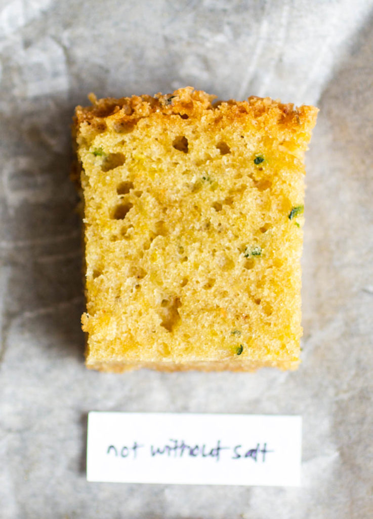 Overhead view of slice of not without salt\'s zucchini bread recipe.