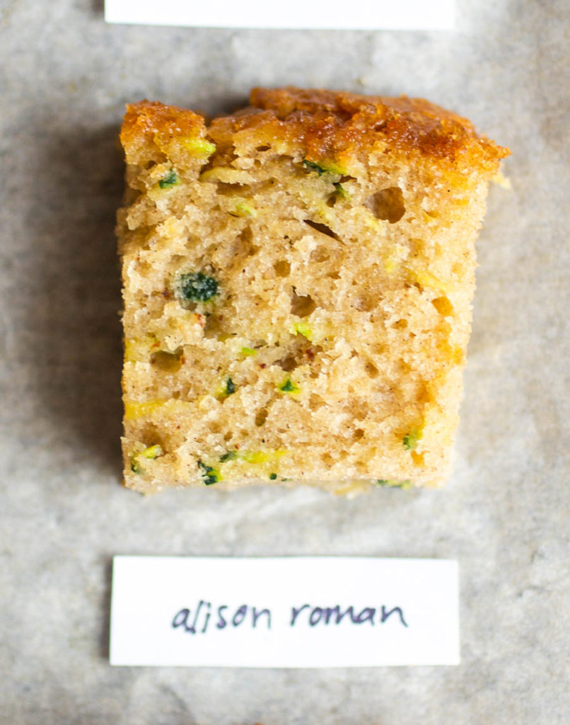 Overhead view of cross section of alison roman\'s zucchini bread recipe.