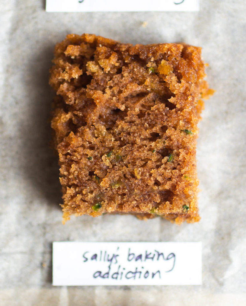 Overhead view of single slice of sally\'s baking addiction zucchini bread recipe.