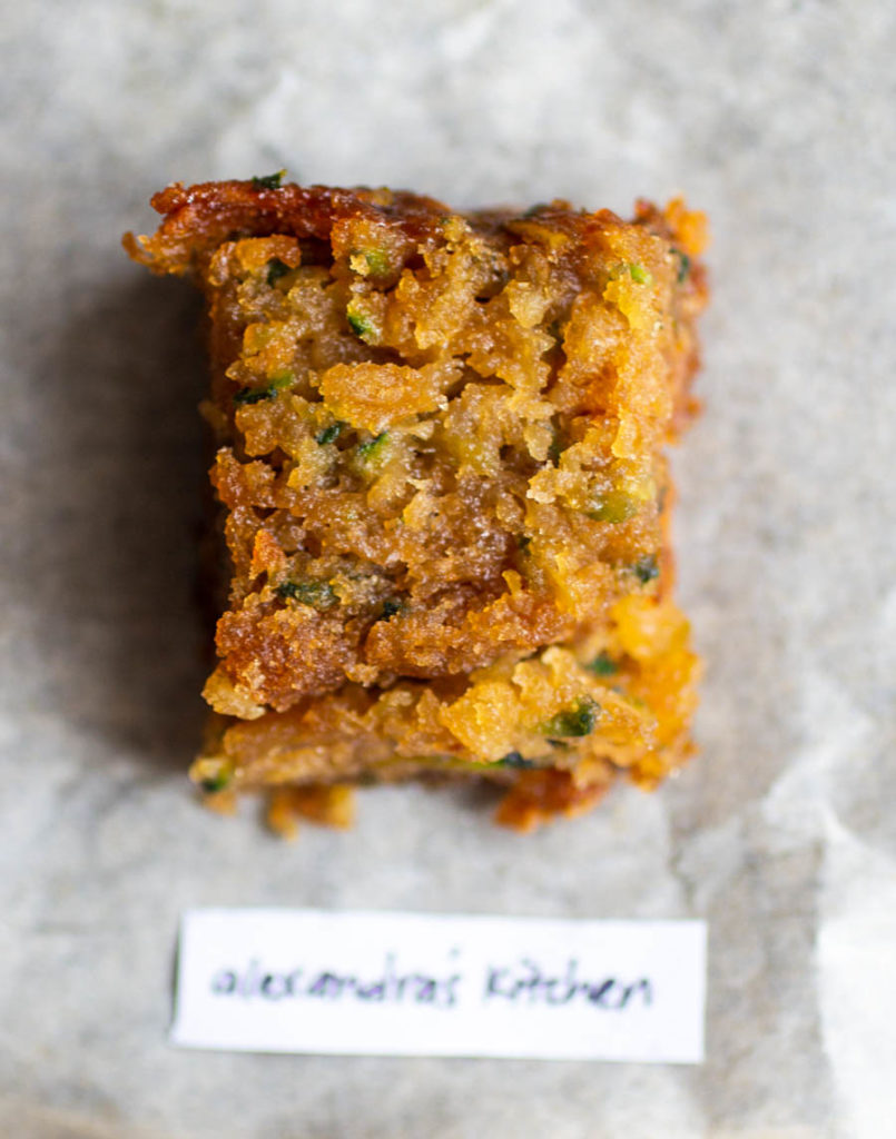 Overhead view of a single slice of Alexandra\'s Kitchen zucchini bread.