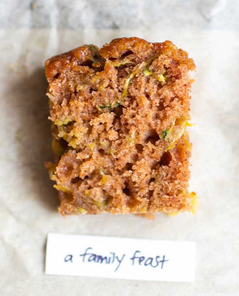 Overhead view of cross section of A Family Feast zucchini bread recipe.