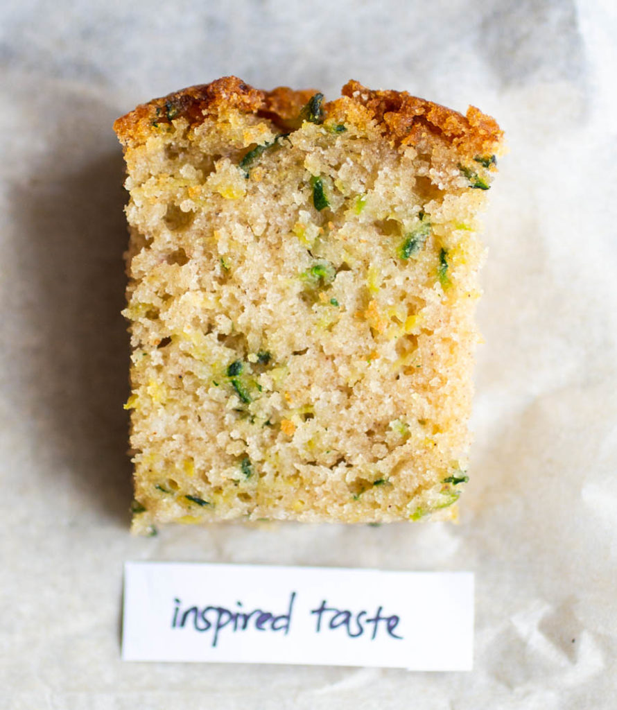 Overhead view of a slice of Inspired Taste zucchini bread recipe.