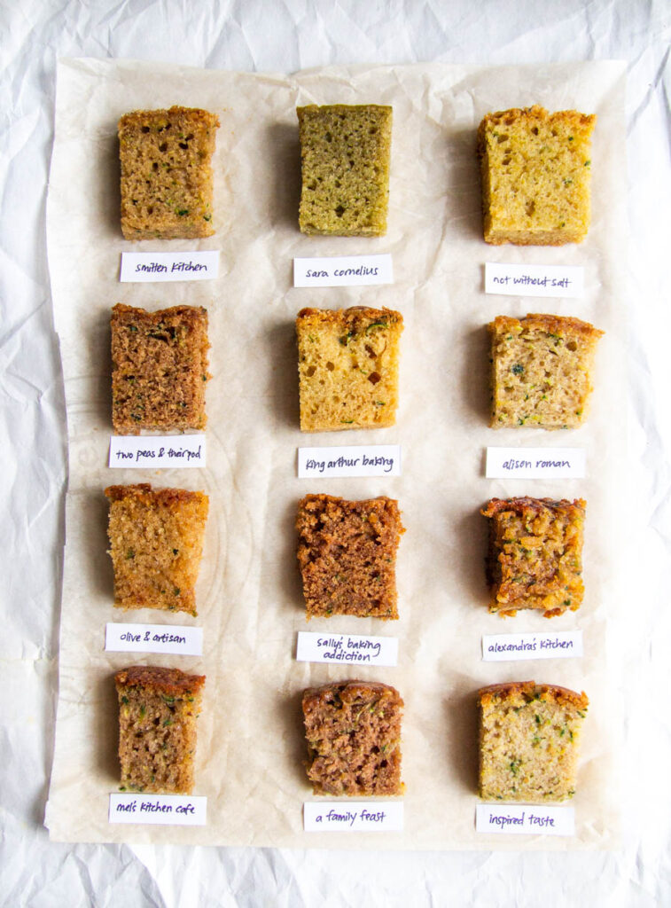 Overhead view of 12 slices of zucchini bread on white parchment for the best zucchini bread recipe bake off.