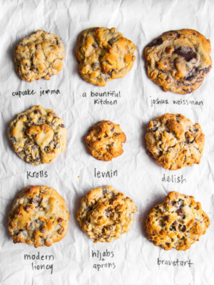 9 different Levain copycat chocolate chip cookies on a white background.