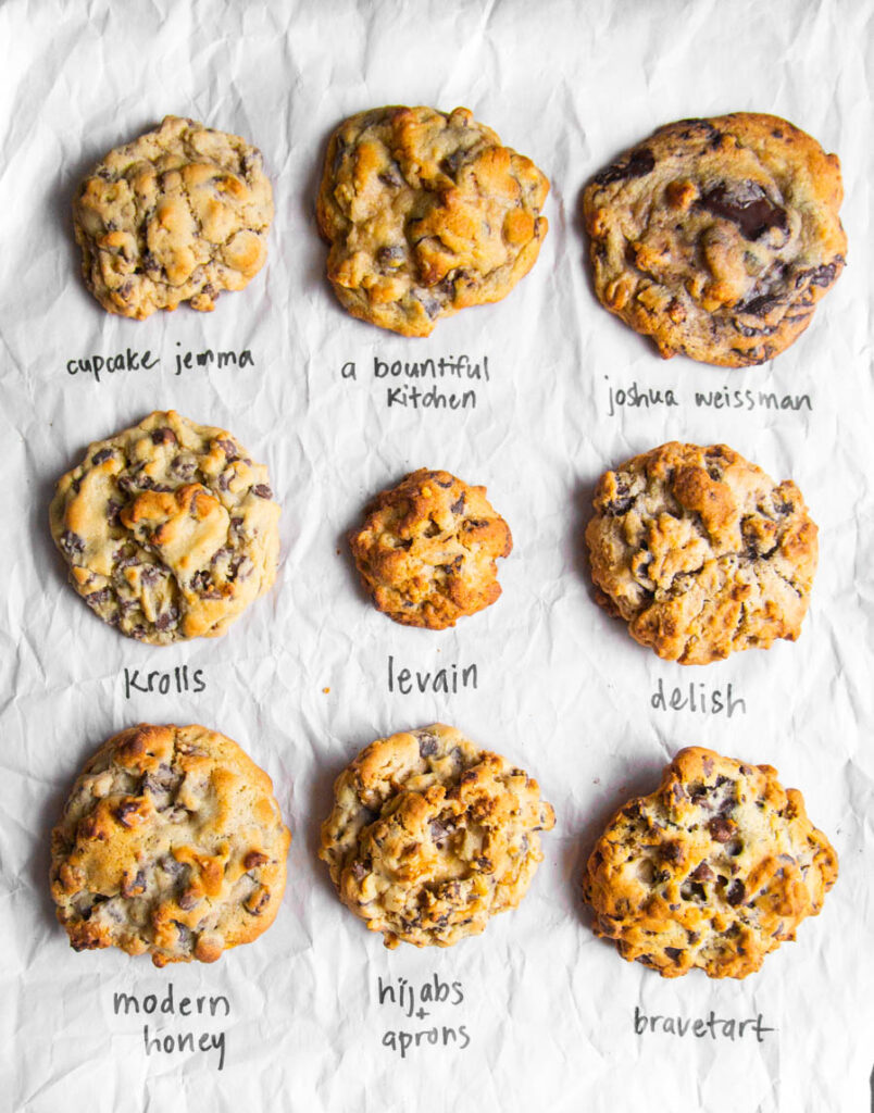 9 different copycat Levain chocolate chip walnut cookies on a white background.