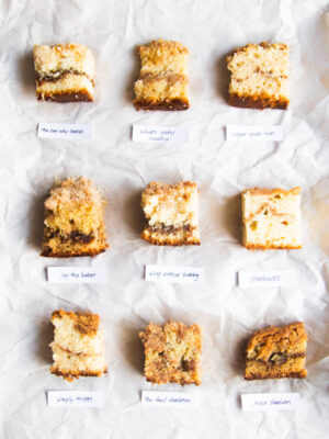 9 different slices of coffee cake on a gray background.