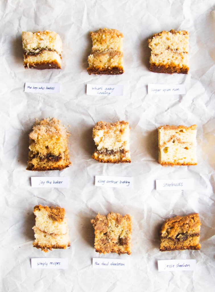 9 different slices of coffee cake on a gray background.