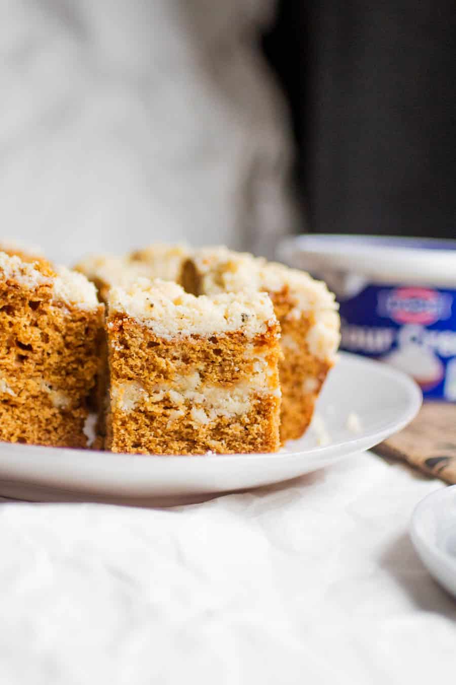 A close up on gingerbread coffee cake on a white plate.