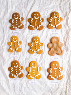 9 different gingerbread men cookies on a gray background.