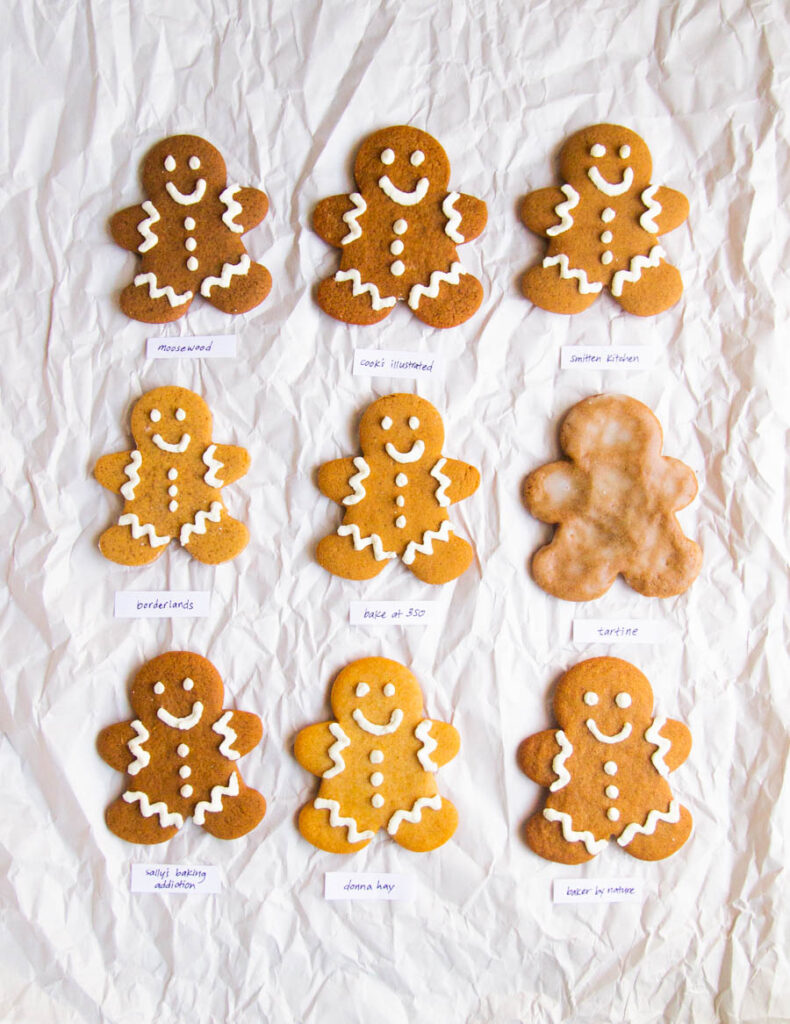 9 different gingerbread men cookies on a gray background.