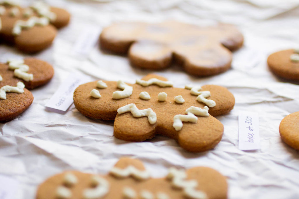 Close up of a gingerbread man cookie.