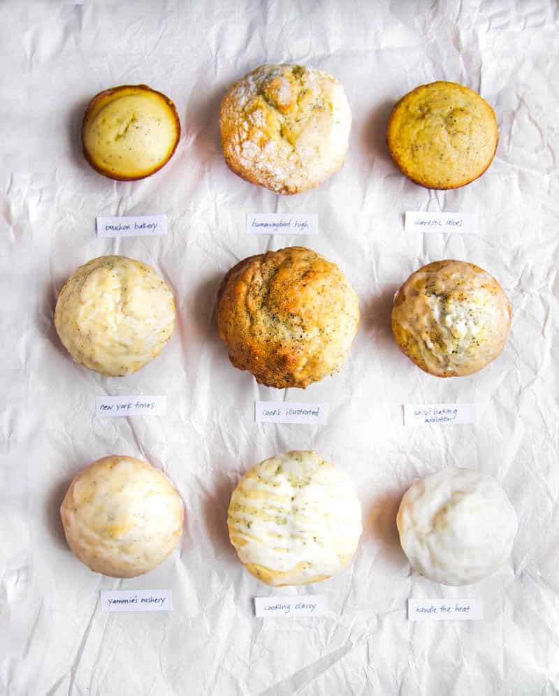 9 different lemon poppy seed muffins on a white background.