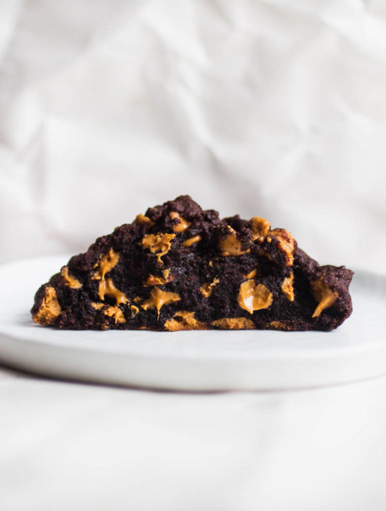 Half of a thick chocolate cookie with melty peanut butter chips on a white plate.