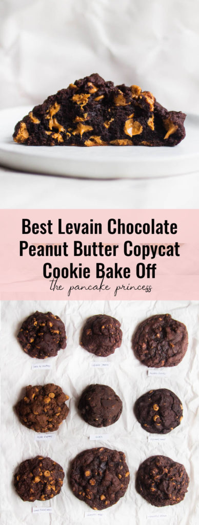 9 different chocolate peanut butter Levain cookies on a white background.
