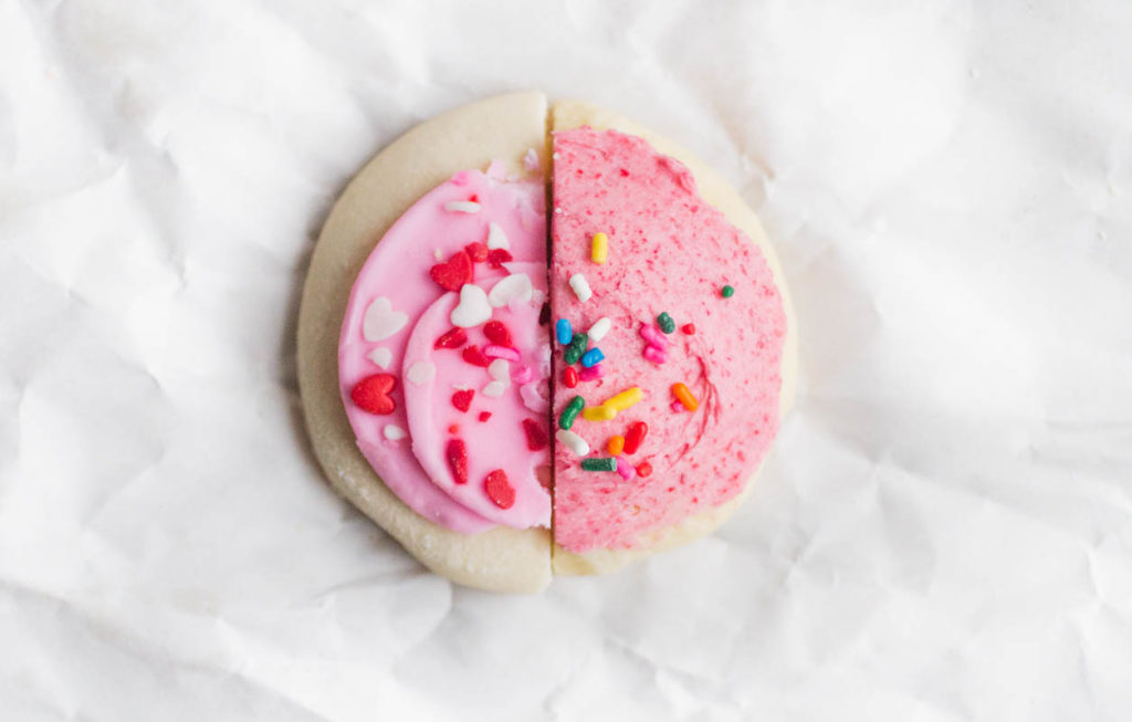 Two different Lofthouse cookie halves pressed together.