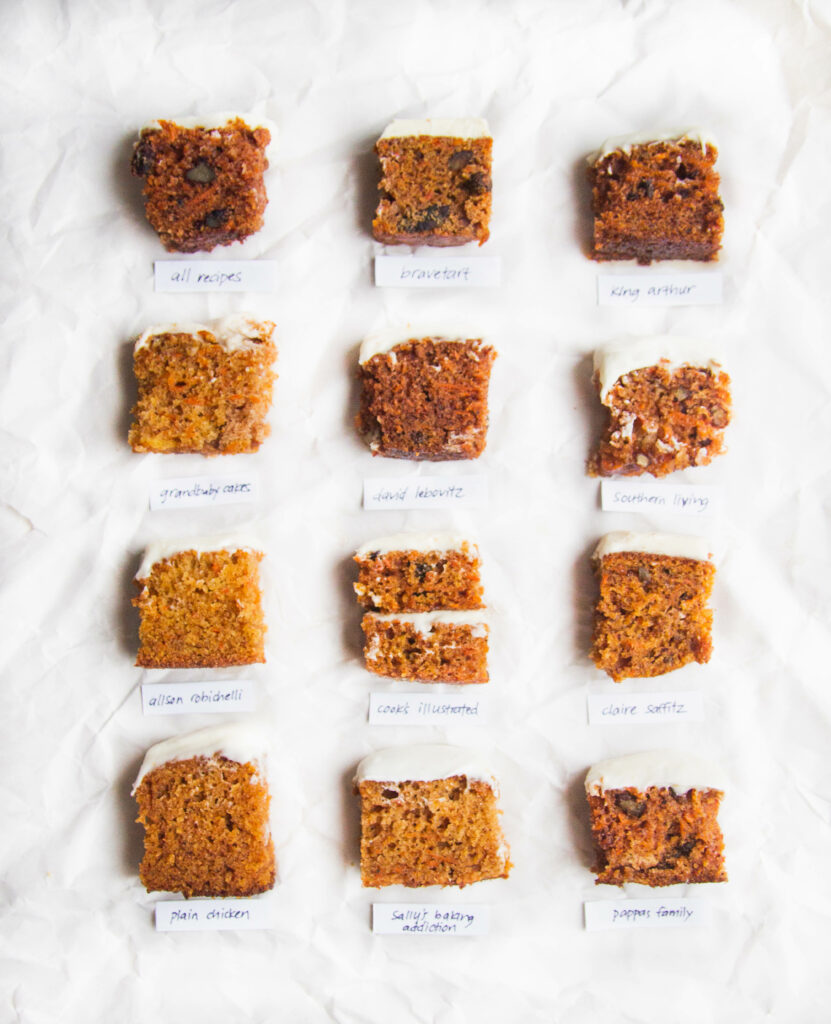 12 different slices of carrot cake on a white background.