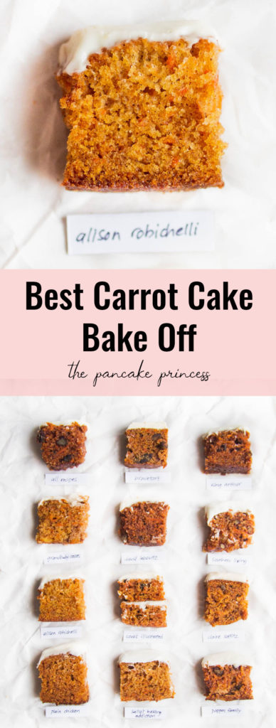 9 different slices of carrot cake on a white background.