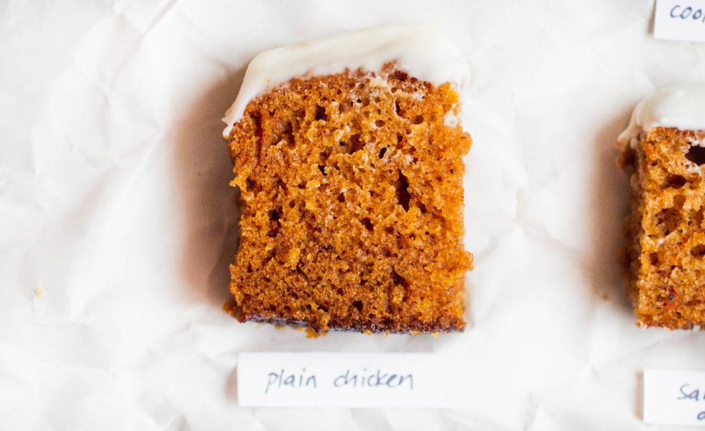 Single slice of plain chicken\'s carrot cake recipe laying on parchment paper.