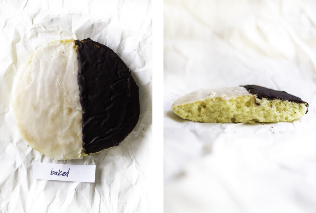 Baked black and white cookie.