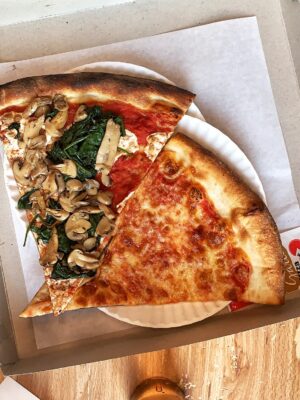 Two slices of NY-style pizza.